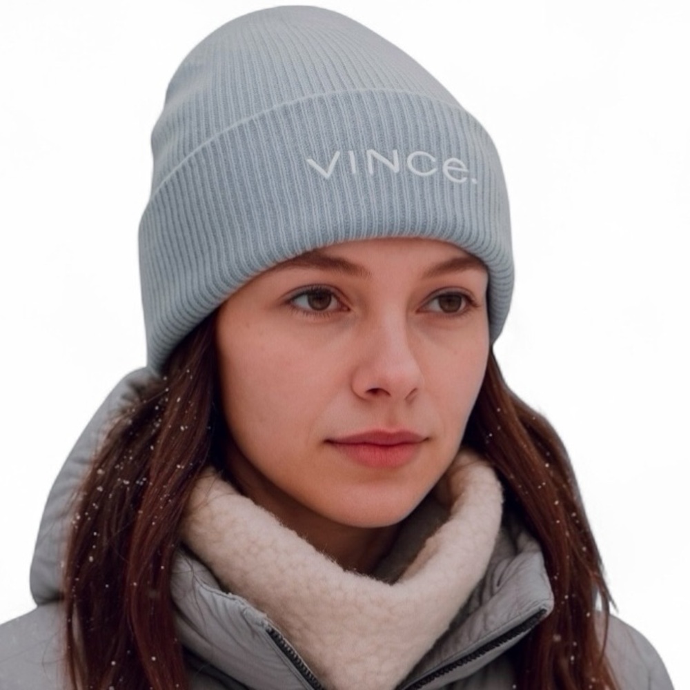 VINCE Wool/Cashmere Rib Knit Beanie Embroidered Logo Cuff One Size Brand New!